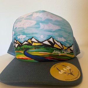 Painted trucker hat mountain fish clouds new with tags outdoor hat snap back